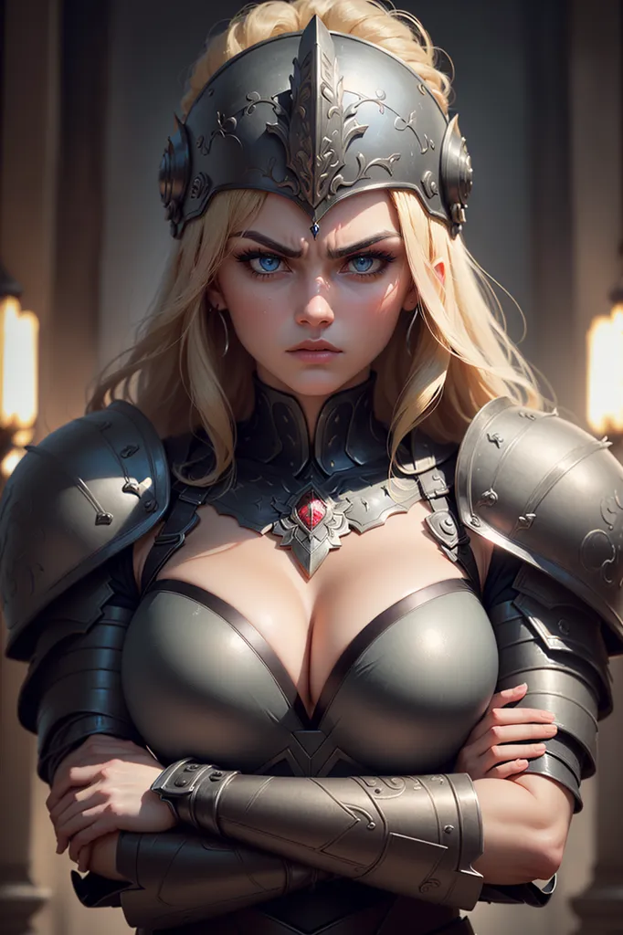 The image shows a woman wearing a metal bikini top and a silver and red helmet. She has blonde hair and blue eyes, and she is looking at the viewer with a serious expression. She is also wearing a red necklace with a diamond in the center. She has her arms crossed in front of her chest.