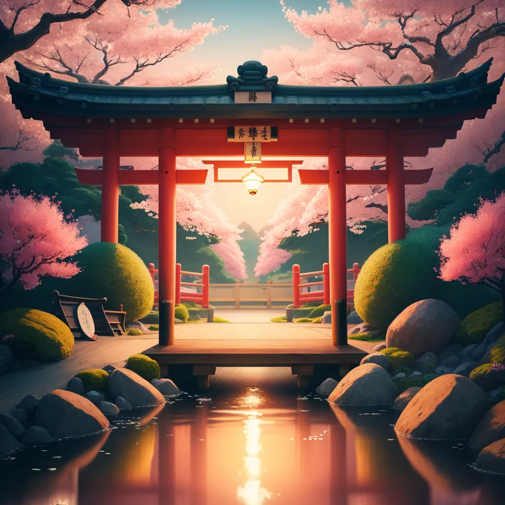 The image is a beautiful depiction of a traditional Japanese garden. The garden is filled with lush greenery, including cherry blossom trees, and a variety of shrubs and plants. There is a red bridge that crosses a small pond, and a stone path that leads through the garden. A traditional Japanese gate, or torii, stands at the entrance to the garden. The gate is made of wood and has a red roof. The garden is peaceful and serene, and it is the perfect place to relax and enjoy the beauty of nature.