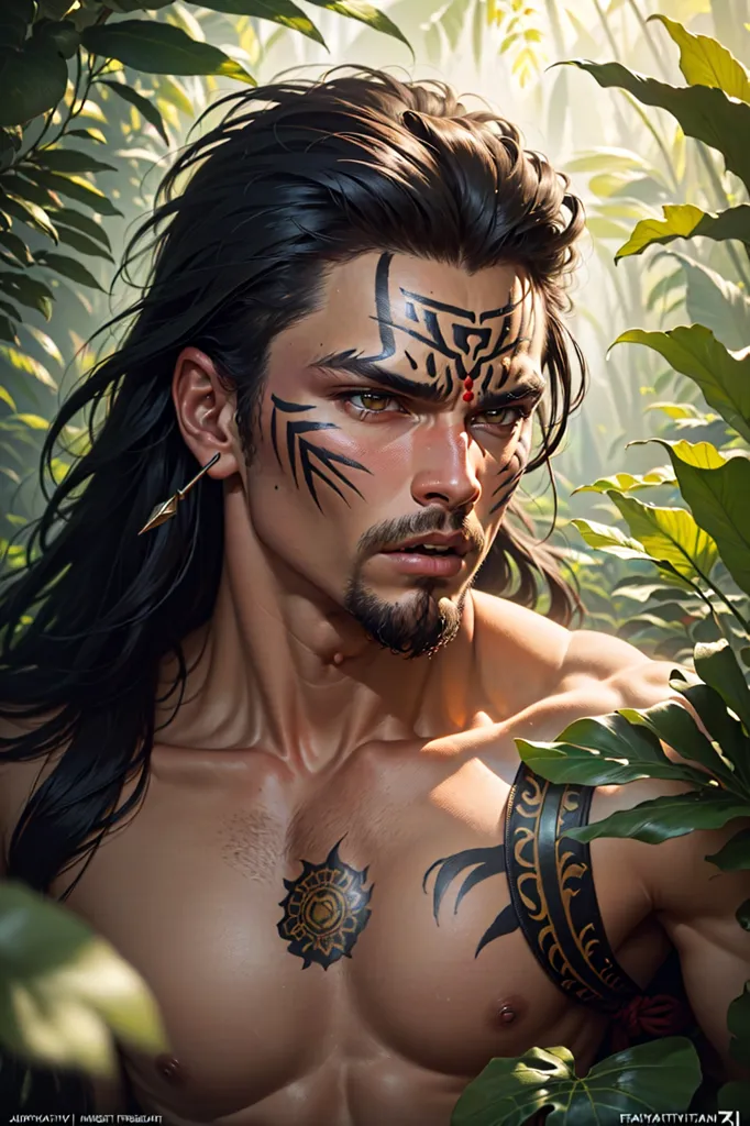 This image shows a man with long black hair and dark skin. He has a beard and several tattoos on his face and body. He is wearing a green loincloth and has a feathered headdress. He is standing in a lush jungle setting, surrounded by green leaves.