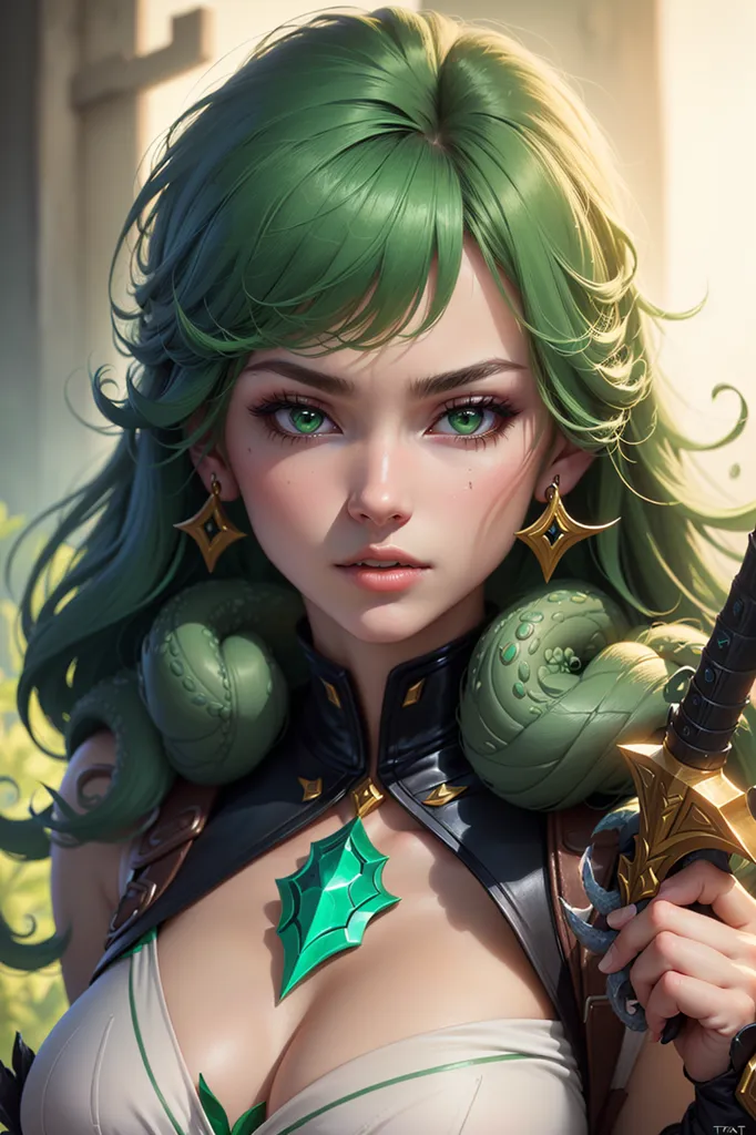 The image shows a woman with green hair and green eyes. She is wearing a white and green outfit and has a sword in her hand. She is also wearing a necklace with a green gem in the center. The background is blurry, but it looks like she is in a forest.