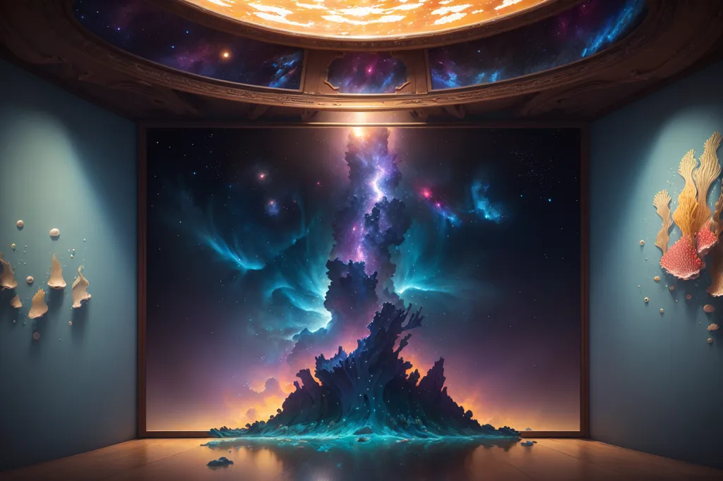 The image is a beautiful depiction of an undersea scene. The foreground is a dark blue, with a bright light in the center. The light is surrounded by a swirling mass of blue and purple clouds. The background is a deep blue, with a starry night sky. The image is framed by a wooden structure with a curved top. On each side of the frame are three glowing white jellyfish-like creatures. The floor is covered in a shallow layer of water, reflecting the light from the clouds.