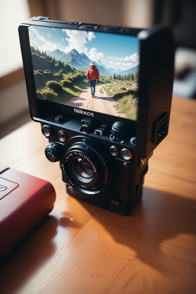 The image shows a black camera with a large viewfinder on top. The viewfinder is showing a live view of a person walking down a path in the mountains. There is a red object, perhaps a book, next to the camera on the table. The camera is sitting on a wooden table.