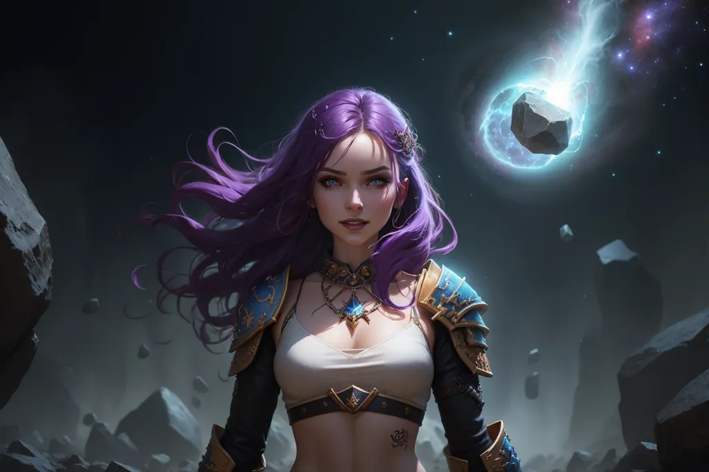 The image shows a beautiful young woman with long purple hair. She is wearing a white and gold colored outfit and has a large necklace around her neck. She is standing in front of a dark background with a glowing blue orb floating to her right. She has a confident smile on her face.