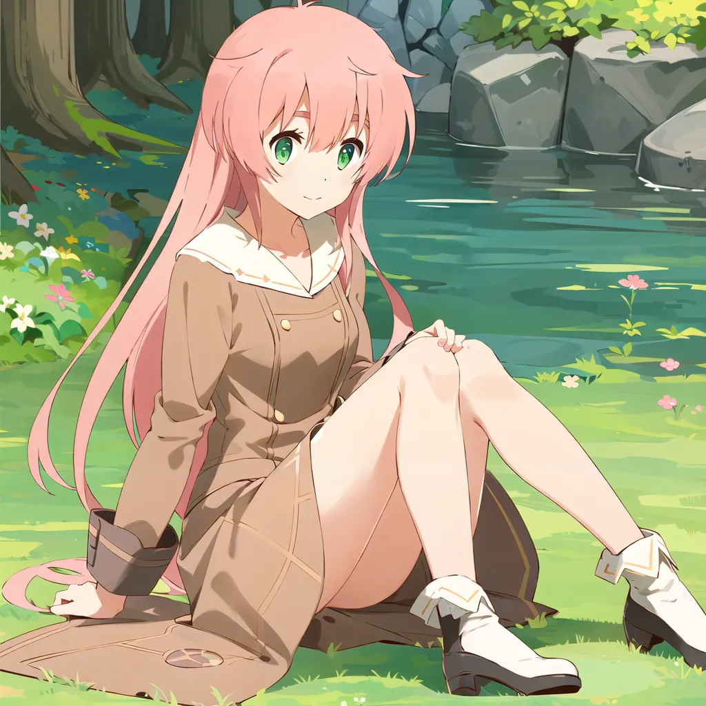 The image shows a young woman with pink hair and green eyes. She is wearing a brown coat and white boots. She is sitting on the grass near a river. There are some flowers and trees in the background. The sun is shining through the trees. The image is very peaceful and relaxing.