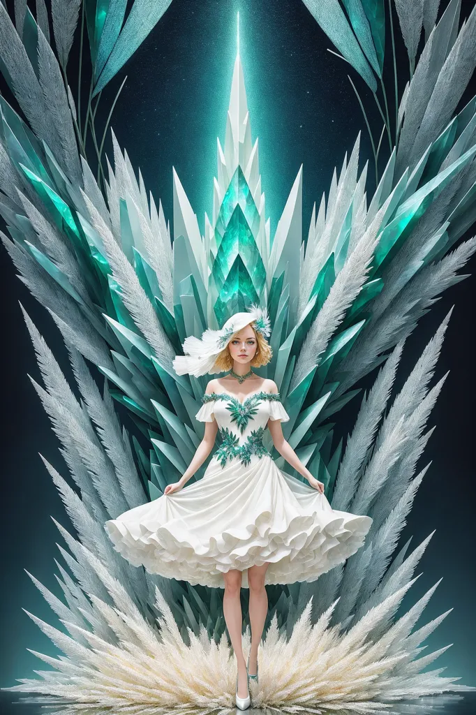 Cette image montre une femme portant une robe blanche et verte debout devant une grande structure de cristal brillante. La femme porte un chapeau blanc avec un ruban vert, et sa robe a un corsage vert avec une jupe blanche. Elle porte également des chaussures blanches. La structure de cristal derrière elle est composée de gros cristaux pointus qui brillent en vert. Les cristaux sont disposés de manière à créer un chemin pour que la femme puisse y marcher.