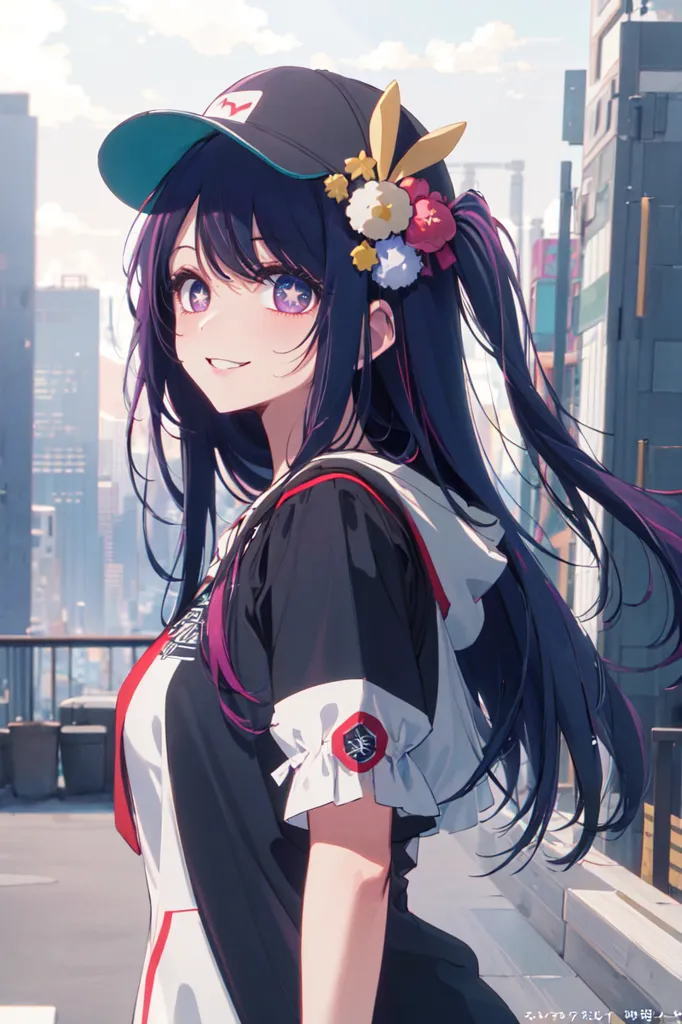 The image is a portrait of an anime-style girl with long purple hair. She is wearing a black and purple baseball cap with a white flower pattern on the brim, and a black sweatshirt with a white collar. The sweatshirt has a red circle with a white X through it on the left sleeve. She is also wearing a white skirt and black boots. The background is a blurred cityscape with tall buildings and a blue sky.