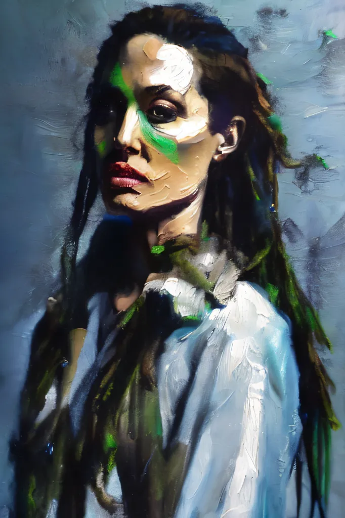 The image is a portrait of a woman with dark hair and green eyes. She is wearing a white shirt and has paint on her face. The background is a dark blue. The painting is done in a realistic style and the woman's expression is serious.