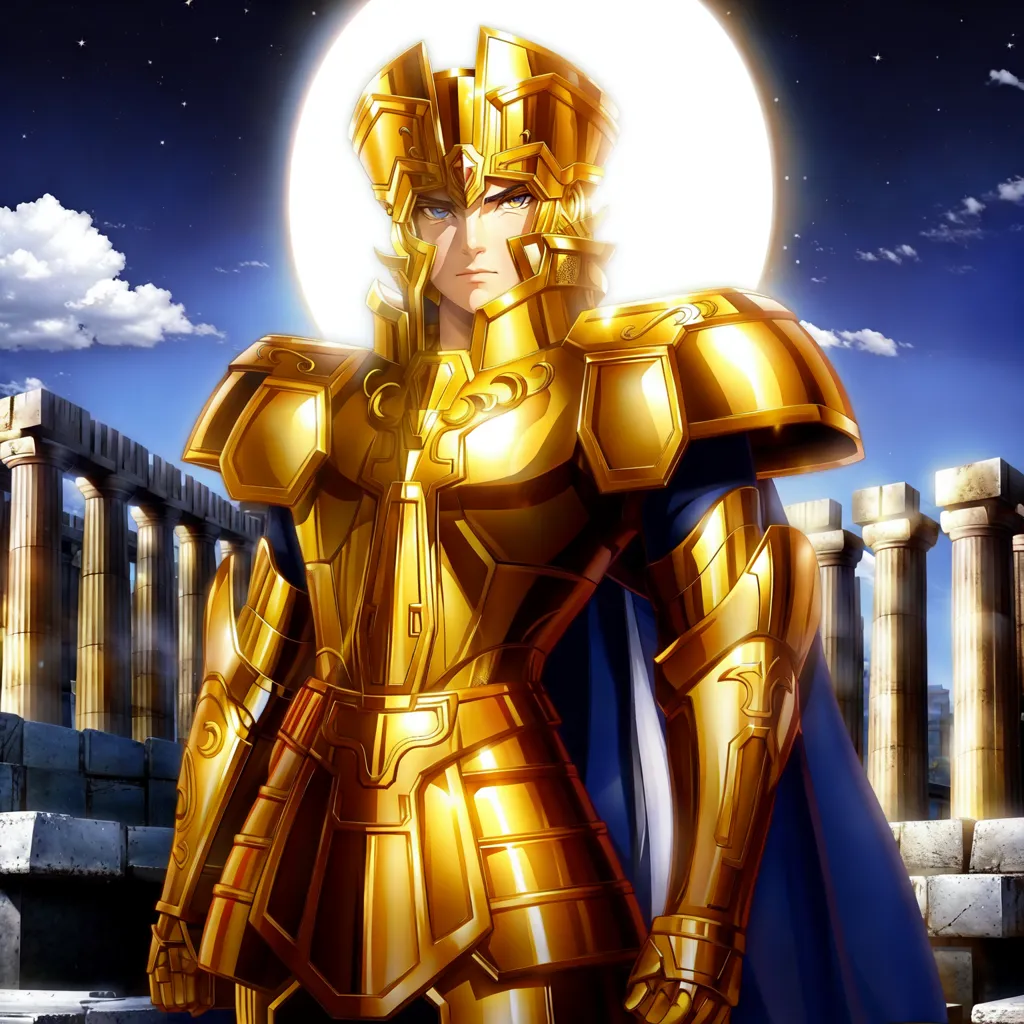 The image shows a young man with long blond hair and blue eyes. He is wearing a golden armor and a blue cape. He is standing in front of a white marble temple. There is a full moon behind him.