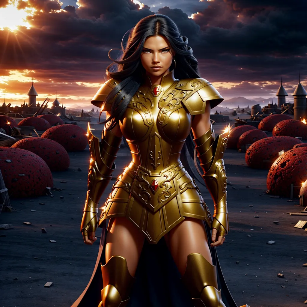 This is an image of a warrior woman. She is wearing a golden armor and a red cape. She has long black hair and green eyes. She is standing in a battlefield, with a destroyed city in the background. The sky is dark and cloudy.