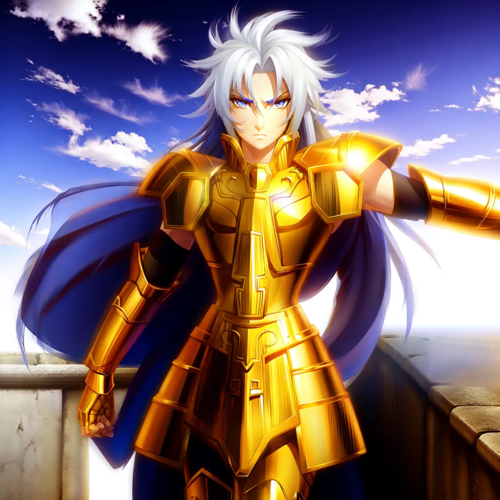 The image shows a young man with long silver hair and blue eyes. He is wearing a golden armor and a blue cape. He is standing on a stone balcony, with a cloudy sky and a building in the background.