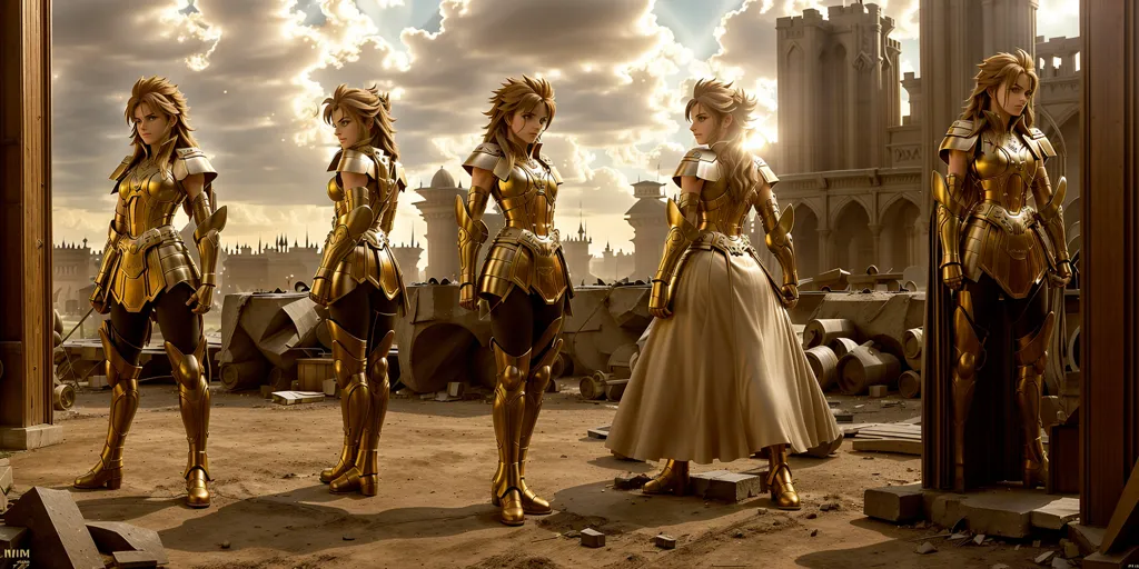 The image shows five female warriors standing in a ruined city. They are all wearing golden armor and have long, flowing hair. The women are standing in different poses, and they all have determined expressions on their faces. In the background, there is a large, ruined building. The sky is cloudy, and there is a sense of foreboding in the air.