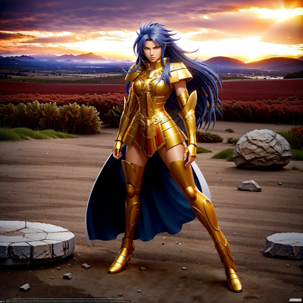 The image shows a female warrior standing in a rocky field. She is wearing a golden armor and a blue cape. She has long blue hair and blue eyes. She is looking to her right with a serious expression. The background is a sunset over a mountain range.