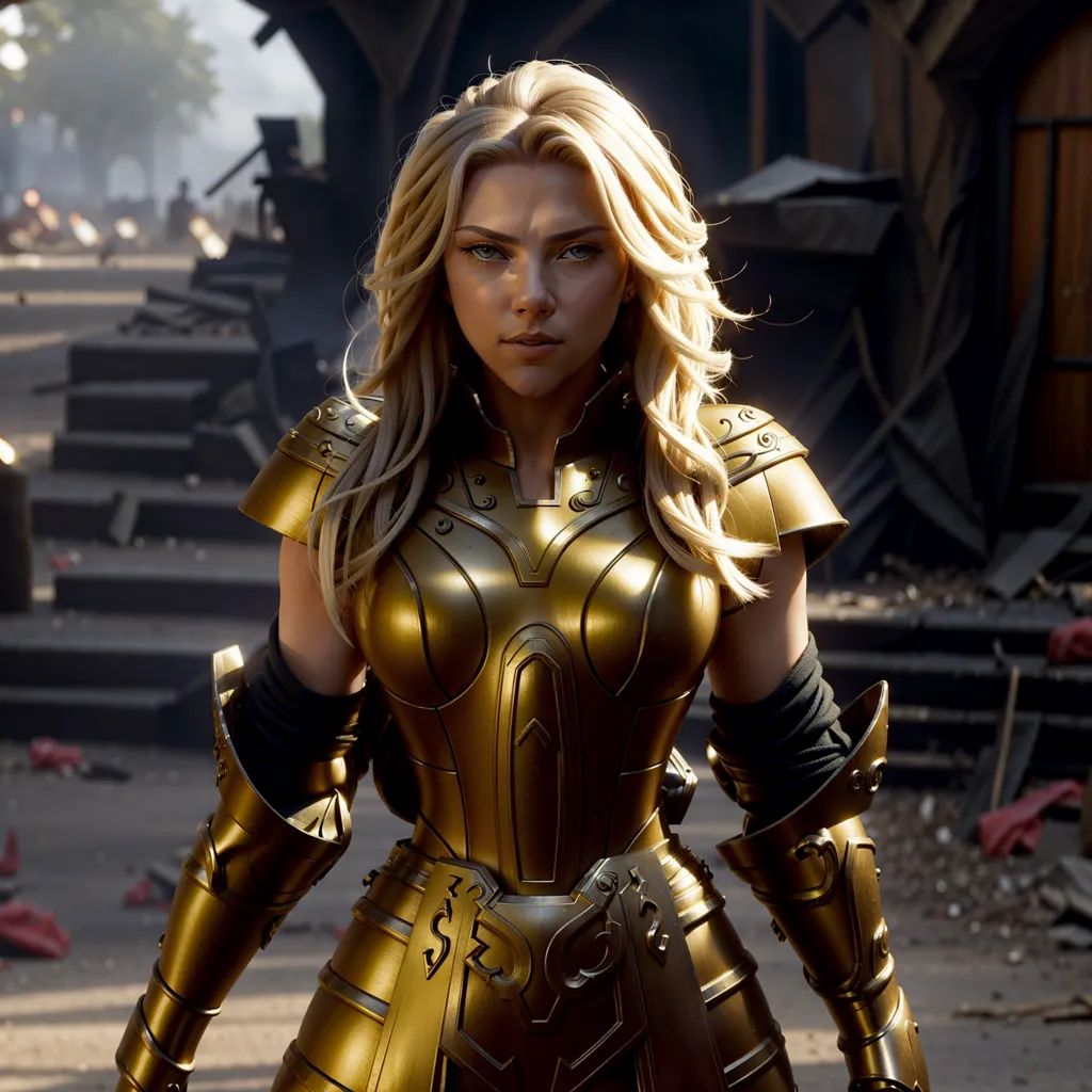 A woman wearing golden armor is standing in a war-torn environment. She has long blonde hair flowing out from underneath her helmet and her hands are gripping the hilts of two swords.