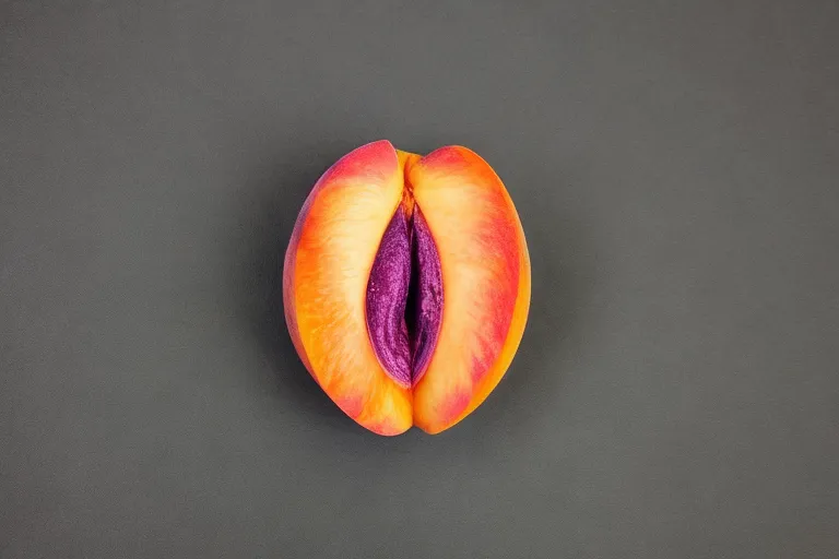 The image is a photograph of a peach that has been cut in half. The peach is orange and purple on the inside and has a dark purple pit. The peach is sitting on a solid gray background.