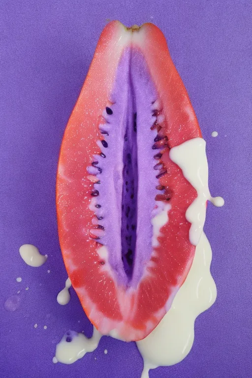 Esta es una imagen de una papaya cortada por la mitad con un líquido blanco encima y morado por dentro. La papaya está sobre un fondo morado. El líquido blanco está goteando por los lados de la papaya.