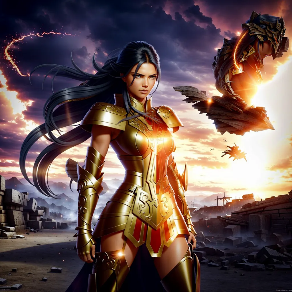 This is an image of a female warrior. She is wearing a golden armor and has long black hair. She is standing in a ruined city. There are broken buildings and rubble all around her. The sky is dark and there are storm clouds gathering. The warrior woman is looking to the right of the frame, towards a figure in the distance.