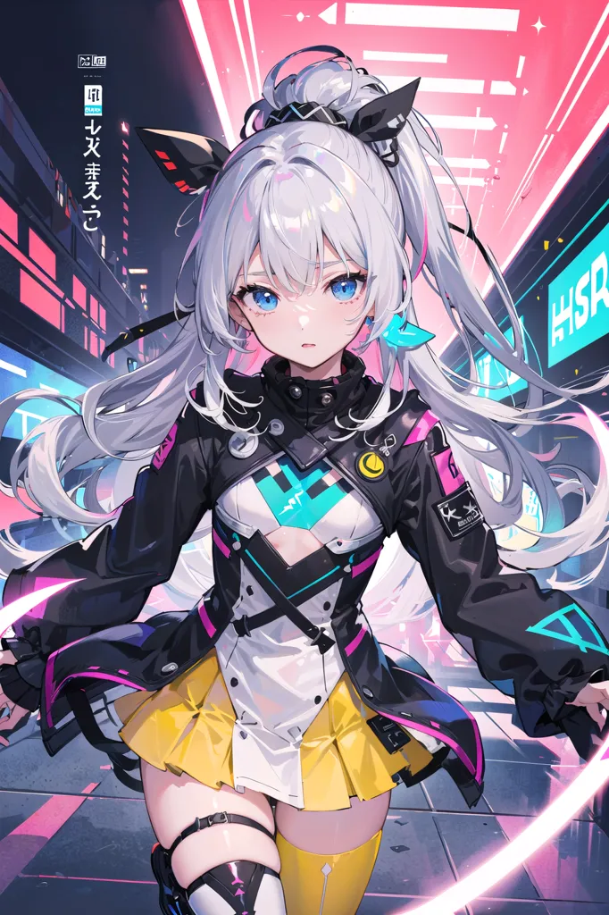 The image is an anime-style illustration of a young woman with white hair and blue eyes. She is wearing a black and yellow outfit and has a futuristic cityscape in the background. The woman is standing in a confident pose, with her left hand on her hip and her right hand holding a gun. She has a determined expression on her face, and it is clear that she is ready for anything. The image is full of vibrant colors and details, and it is clear that the artist put a lot of effort into creating it.