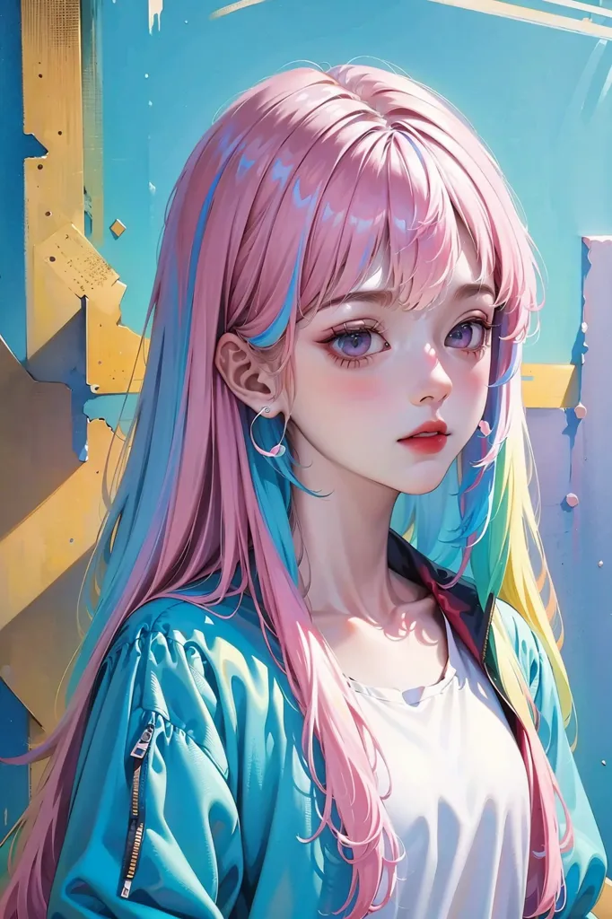 La imagen es una pintura de una mujer joven con el cabello rosa. Lleva una chaqueta azul y una camisa blanca. El fondo es una pared azul con acentos amarillos y blancos. El cabello de la mujer es largo y ondulado, y tiene una sonrisa suave en su rostro. Sus ojos son de color azul claro y su piel es clara. Lleva un par de pendientes y sus uñas están pintadas de un rosa claro. La pintura está hecha en un estilo realista y el artista ha prestado mucha atención a los detalles.