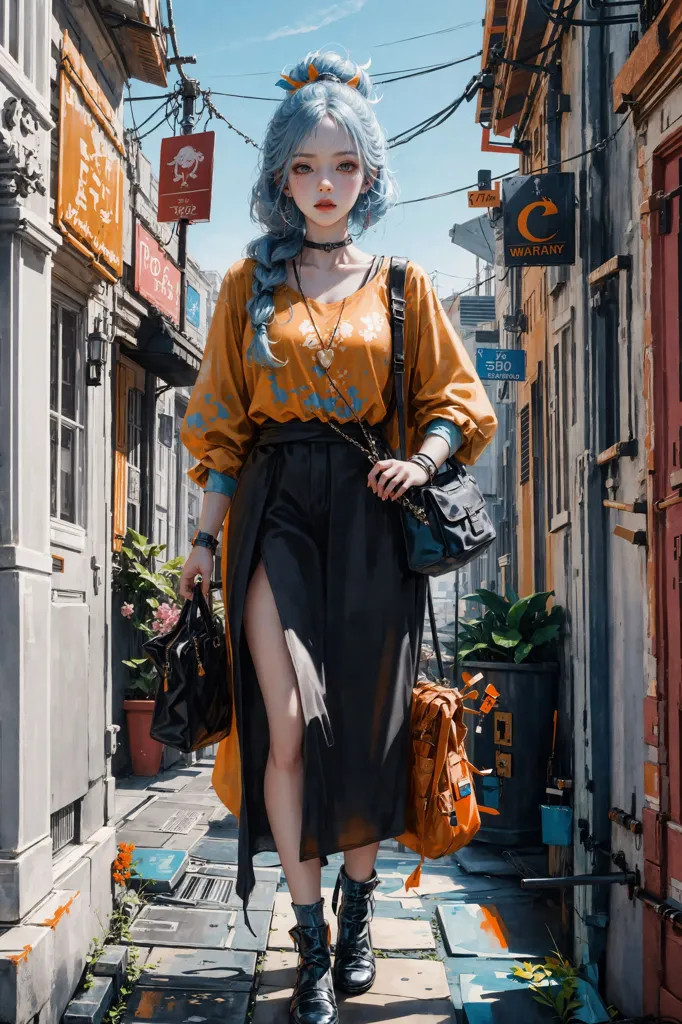 This is an image of a young woman with blue hair, fair skin, and blue eyes. She is wearing a yellow blouse, a black skirt with a high slit, and black boots. She is carrying two bags, one on her shoulder and one in her hand. She is walking down a street with buildings on either side. The street is made of stone and there are plants growing on either side. The sky is blue and there are clouds in the distance.