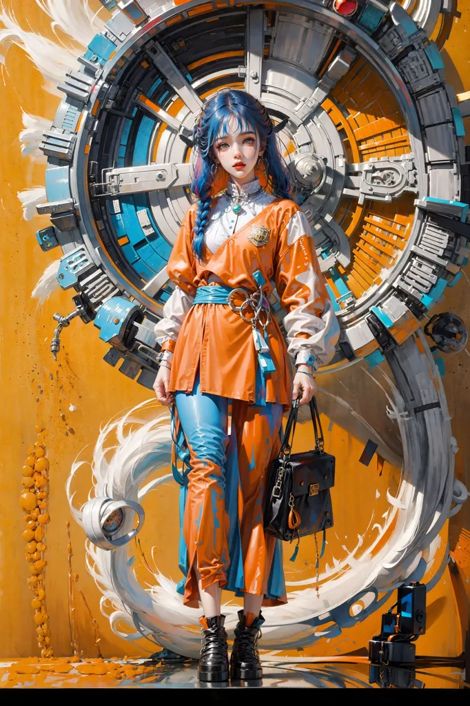 This is an image of a young woman standing in front of a large, yellow steampunk-style machine. The woman is wearing a stylish outfit consisting of a long orange jacket, blue pants, and black boots. She has a black bag over her shoulder and is looking at the camera with a confident expression. The machine behind her is made of various gears and pipes and has a large wheel on the top. The image is full of vibrant colors and has a futuristic feel to it.