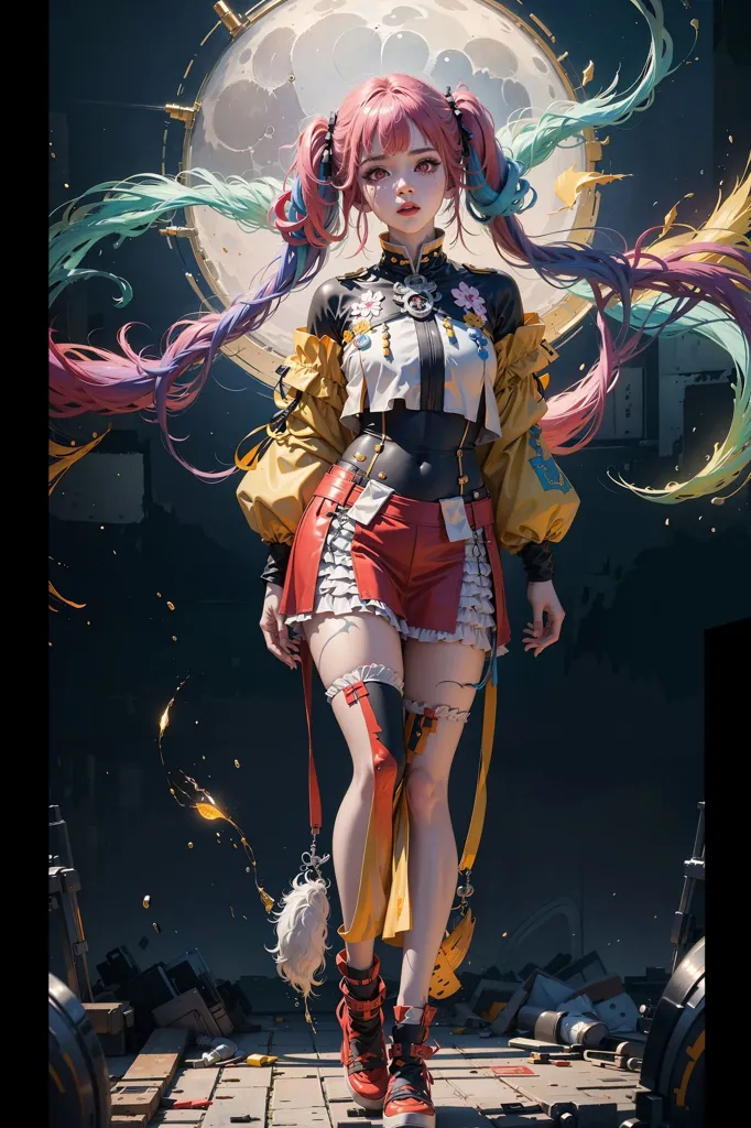 La imagen es una ilustración de estilo anime de una mujer joven con cabello rosa y azul. Lleva una camisa blanca y amarilla, pantalones cortos rojos y zapatos rojos y blancos. También lleva un par de gafas de protección alrededor del cuello. La mujer está de pie frente a un fondo azul con un reloj grande detrás de ella. El reloj tiene una luna brillante en el centro. La mujer mira al espectador con una expresión seria en su rostro.