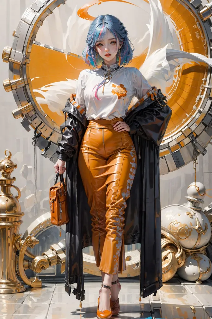 This is an image of a young woman standing in front of a large gear. The woman is wearing a white shirt, orange pants, and a black jacket. She has blue hair and orange eyes. She is carrying a purse in her right hand. The gear is made of metal and has a steampunk aesthetic. The woman is standing on a platform that is surrounded by a fence made of the same metal as the gear. The background is a blurred image of a city.