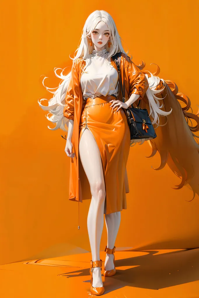 The image is of a beautiful woman with long white hair and orange eyes. She is wearing an orange leather trench coat and a white blouse. The coat has a high collar and is open at the front, showing off her long legs. She is also wearing orange high heels and carrying a black handbag. Her hair is blowing in the wind and she has a confident expression on her face. She is standing in front of a solid orange background.