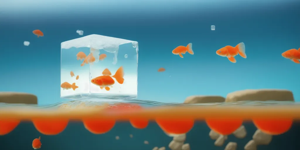 Voici une image surréaliste de poissons rouges nageant dans un bloc de glace. Les poissons rouges sont orange et blancs, et le bloc de glace est transparent. Les poissons rouges nagent dans différentes directions, et certains d'entre eux regardent la caméra. L'arrière-plan est de couleur bleu-vert. Il y a aussi quelques petits rochers et cailloux au fond du "réservoir".