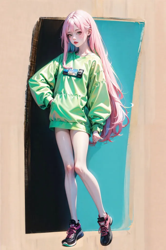 The image is a painting of a young woman with pink hair. She is wearing a baggy green sweatshirt, a pair of shorts, and a pair of sneakers. She is standing in front of a blue background. The painting is done in a realistic style, and the woman's expression is one of determination.