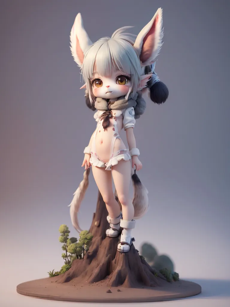 The image shows a small, anime-style creature with white fur and gray hair. It has large, pointed ears and a long, bushy tail. It is wearing a white bikini top and a pair of brown shorts. It is standing on a small tree stump, and there are some green plants behind it. The creature is looking at the viewer with a curious expression on its face.