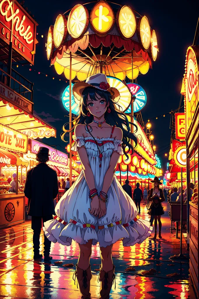 La imagen es una pintura digital de una mujer joven con un vestido blanco de pie en una feria nocturna. La feria está iluminada por luces brillantes y hay gente caminando y disfrutando del ambiente. La mujer lleva un sombrero y botas de vaquero, y tiene el cabello azul largo. Ella mira a la cámara con una sonrisa tímida en su rostro. La pintura está hecha en un estilo realista, y los colores son vibrantes y realistas. La imagen captura la sensación de emoción y felicidad que se asocia con las ferias.