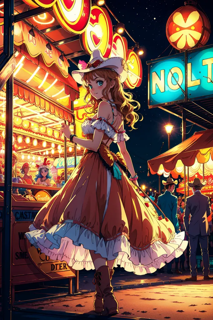 La imagen es una pintura digital de una mujer joven con atuendo de vaquera. Lleva un sombrero de vaquera marrón, un corpiño de color tostado y una falda larga marrón con un enagua blanca. También tiene botas de vaquera marrones y un fajín rojo atado a la cintura. La mujer está de pie en una calle con tiendas y restaurantes a los lados. Hay gente caminando y hay luces colgadas de los edificios. El cielo está oscuro y hay estrellas en el cielo. La mujer sostiene una bebida en su mano derecha. Tiene el cabello rubio largo y ojos azules. Está sonriendo.