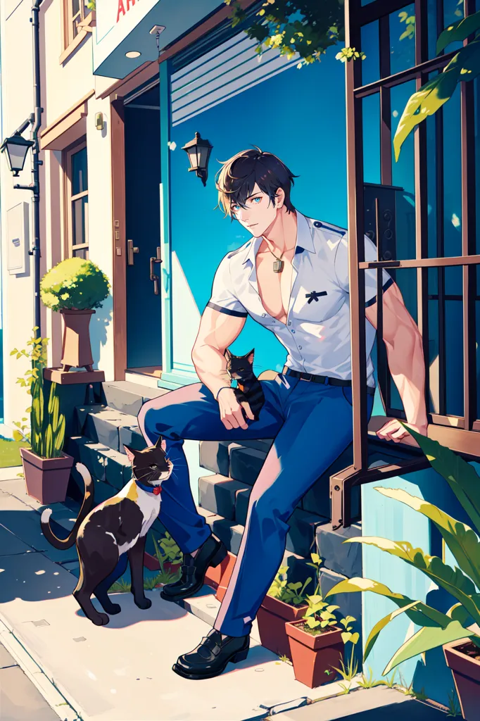 This is an image of a muscular man with dark hair and blue eyes. He is wearing a white shirt, blue pants, and black shoes. He is sitting on the steps of a building with a black and white cat on his lap and another cat standing beside him. There are plants in pots on the steps and the background has a blue wall with a door and window.