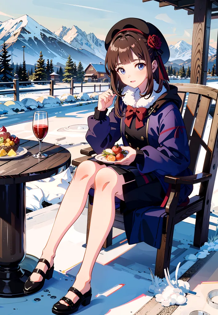 The image is of a girl sitting on a chair in the snow. She is wearing a purple dress with a white collar and a black beret. She has brown hair and purple eyes. She is eating a plate of fruit and there is a glass of wine on the table next to her. There is a wooden fence in the background and snow-covered mountains in the distance.