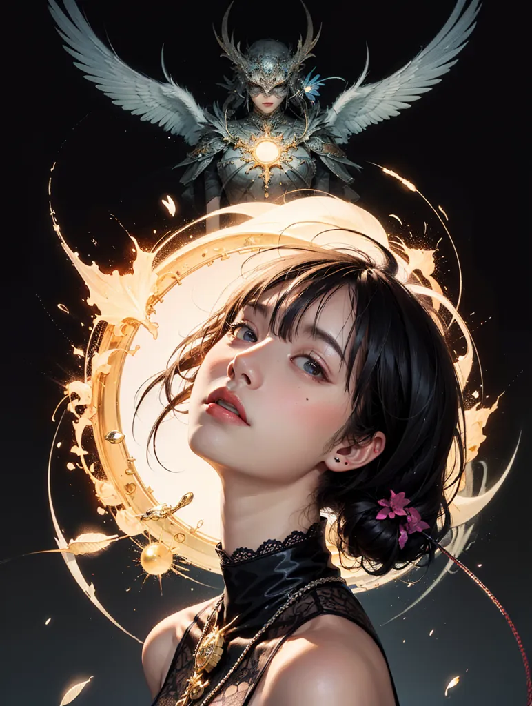 The image is a portrait of a young woman with short black hair and blue eyes. She is wearing a black dress with a white collar and a gold necklace. She has a serious expression on her face. In the background, there is a figure of a woman with long white hair and wings. She is wearing a golden armor and has a stern expression on her face.