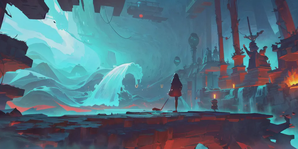 The image is a digital painting of a fantasy landscape. It shows a young woman standing on a broken bridge in a ruined city. The city is built on a series of floating islands, and there is a large waterfall in the background. The woman is wearing a red cloak and she is carrying a staff. She is looking out at the ruined city. The painting is full of vibrant colors and the atmosphere is one of mystery and adventure.