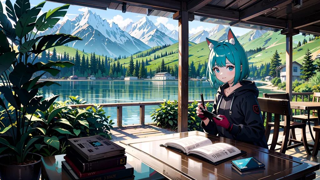 A young woman with cat ears is sitting at a desk in a house. She is looking at a book. She has green hair and blue eyes. She is wearing a black hoodie. There are mountains in the background. The house is near a lake. There are trees and plants around the house.