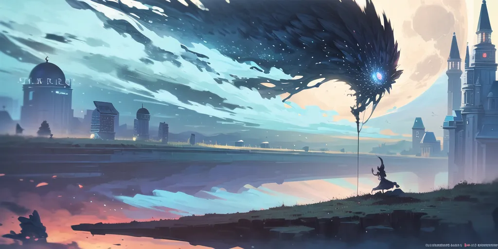 The image is a fantasy landscape. There is a city in the background and a large, dark creature in the foreground. The creature is mostly black with a glowing blue eye. It has a long, serpentine body and large wings. The creature is standing on a cliff and looking down at a human figure. The human is standing on a grassy plain and is holding a staff. The sky is blue and there are clouds in the distance.