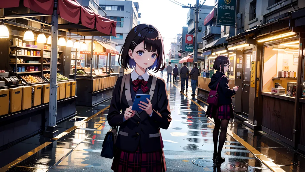 A imagem é de uma jovem garota em pé em uma rua no Japão. Ela está usando um uniforme escolar e tem cabelos castanhos curtos. Ela está olhando para o seu telefone. Há lojas e restaurantes de ambos os lados da rua. A rua está molhada pela chuva. Há pessoas caminhando ao fundo.