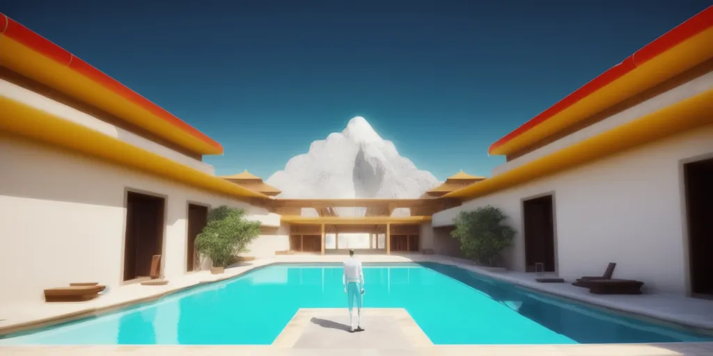 La imagen es un renderizado 3D de una casa con una piscina. La casa tiene un estilo moderno, con un techo plano y grandes ventanas. La piscina está rodeada de una terraza con tumbonas. Hay una montaña nevada al fondo. El cielo es azul y el sol brilla. La imagen es muy realista y los colores son vibrantes.