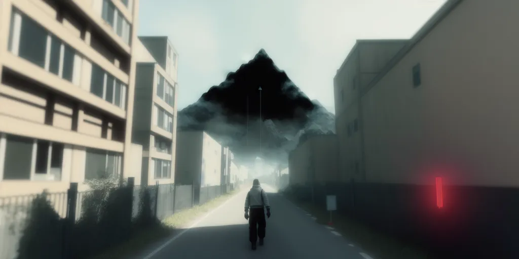 The image is a digital painting of a person walking down a city street. The person is wearing a long black coat and a hat. The street is lined with tall buildings and there is a large mountain in the distance. The sky is dark and cloudy. The painting is done in a realistic style and the colors are muted. The image is full of mystery and intrigue. It is unclear what the person is doing or where they are going. The mountain in the distance could be a symbol of danger or it could be a sign of hope. The painting is open to interpretation and it is up to the viewer to decide what it means.