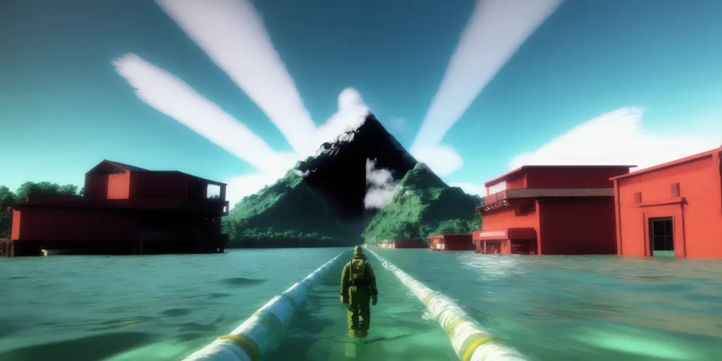 This is a picture of a flooded city. The water is murky and green, and the buildings are mostly submerged. There is a large mountain in the background, and the sky is blue with white clouds. The buildings that are still above water are mostly red and have white roofs. There is a person in a green hazmat suit walking towards the viewer on a narrow causeway.