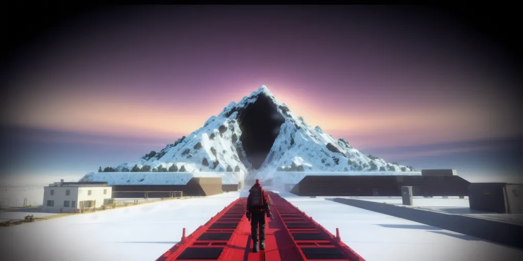 The image shows a person in a red suit walking towards a large mountain in the distance. The mountain is covered in snow and has a large hole in the center. The person is walking on a long, red bridge that leads to the mountain. There are several buildings on either side of the bridge. The sky is a dark, purplish-pink color.