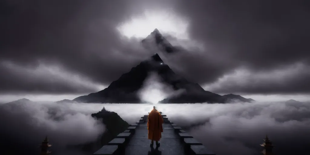 The image is in black and white. There is a dark mountain in the center of the image, with clouds swirling around it. There is a person in a long robe standing on a stone bridge in front of the mountain. The person is looking up at the mountain.