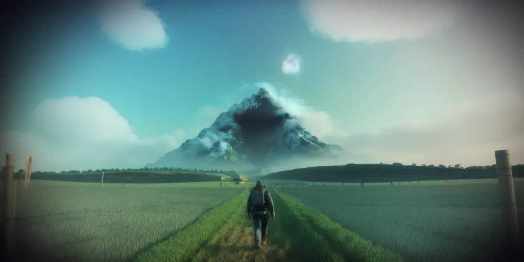 A imagem mostra um homem caminhando por um caminho em direção a uma grande montanha coberta de neve ao fundo. Não há outras pessoas visíveis na imagem. O céu está azul e há algumas nuvens. A montanha está parcialmente obscurecida por nuvens e neblina. O caminho por onde o homem está caminhando é cercado por grama alta. Há uma cerca de madeira de cada lado do caminho. Há algumas árvores ao fundo. A imagem é pós-apocalíptica.