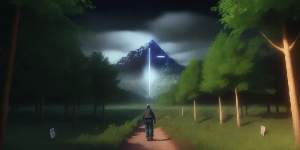 The image is a digital painting of a man walking through a forest. The man is wearing a military-style uniform and carrying a backpack. The forest is dark and gloomy, and the only light comes from a bright, glowing mountain in the distance. The mountain is in the shape of a pyramid, and it seems to be emitting some kind of energy. The man is walking towards the mountain, and it is unclear what his fate will be.