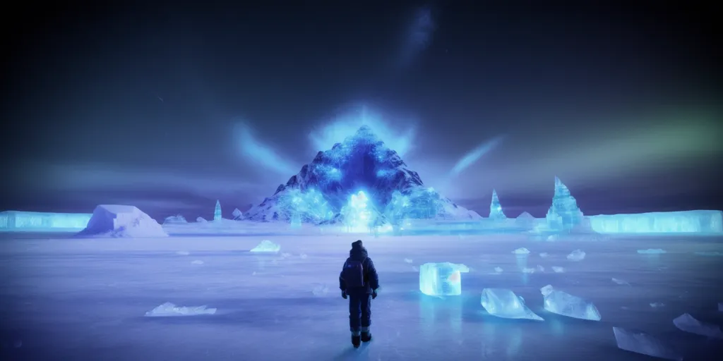 The image shows a person in a spacesuit walking on a frozen lake toward a glowing mountain in the distance. There are large icebergs floating in the lake. The sky is dark, and there are stars in the distance.