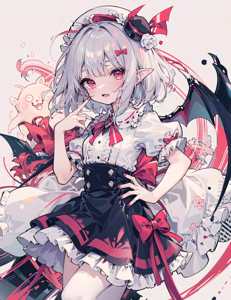 La imagen es de una chica de estilo anime con el cabello blanco y los ojos rojos. Lleva un vestido negro y blanco con un lazo rojo. Tiene una pequeña criatura rosa con ella que parece un gato o un conejo. La chica está de pie frente a un fondo blanco con algunos acentos rosa y rojo. Está sonriendo y tiene el dedo cerca de los labios.