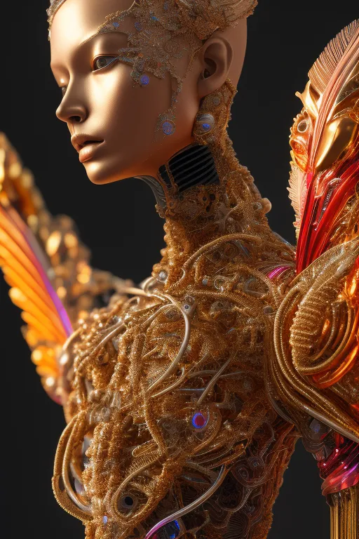 A imagem é uma renderização 3D de uma figura feminina. A figura é feita de ouro e tem um brilho metálico. Ela está usando um cocar dourado e tem asas douradas. A figura está em pé em um fundo preto e olha para a esquerda do quadro. A imagem é altamente detalhada e realista.