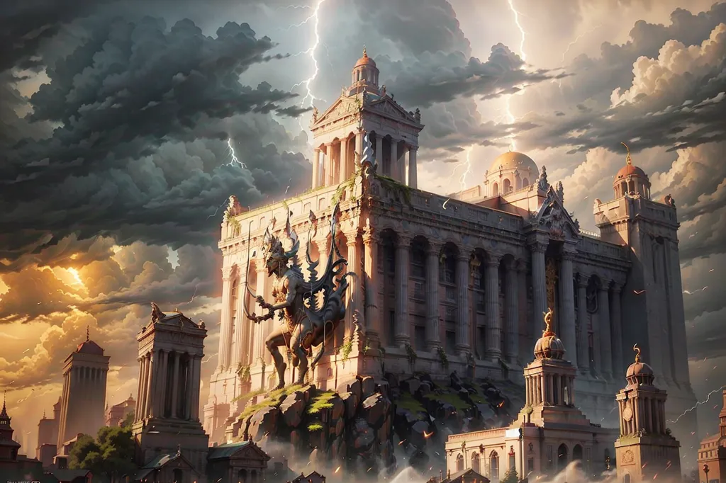 The image is of a large, ancient Greek-style temple. It is made of white marble and has a large statue of a woman with a spear standing in front of it. The temple is surrounded by clouds and lightning is flashing in the background. There are also several smaller buildings around the temple.